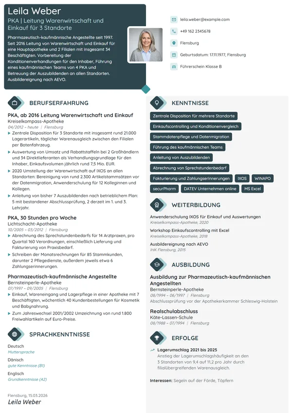 Lebenslauf-Beispiel: PKA, Leitung Einkauf und Ausbildung