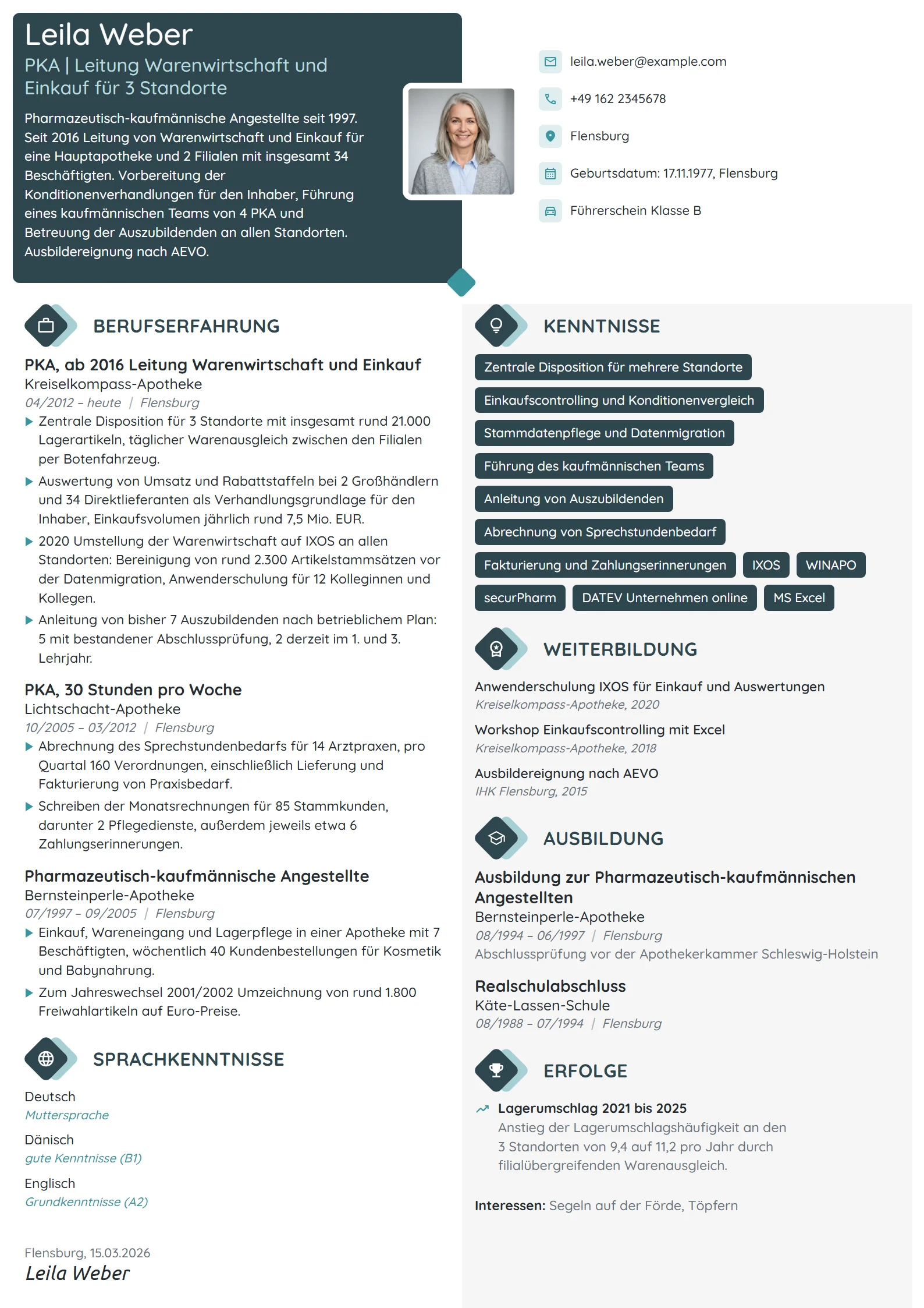 Lebenslauf-Beispiel: PKA, Leitung Einkauf und Ausbildung