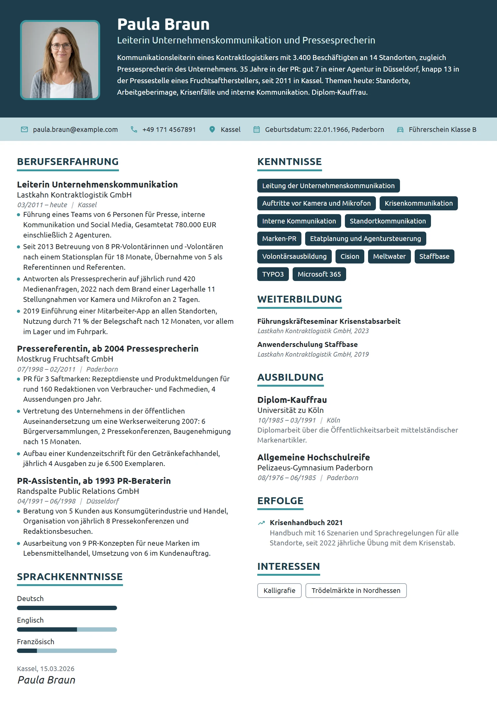 Lebenslauf-Beispiel: Leiterin Unternehmenskommunikation