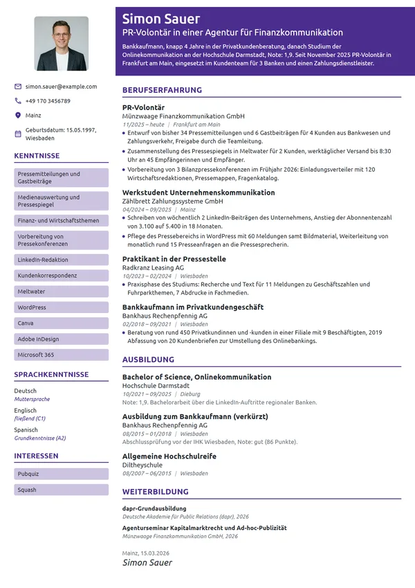 Lebenslauf-Beispiel: PR-Volontär in der Finanzkommunikation