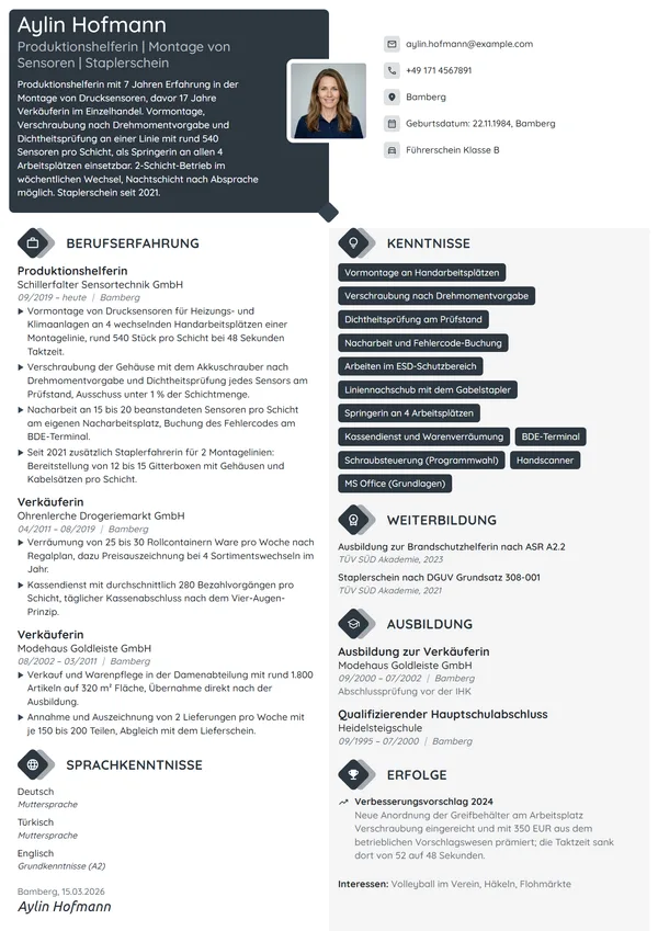 Lebenslauf-Beispiel: Produktionshelferin in der Sensormontage