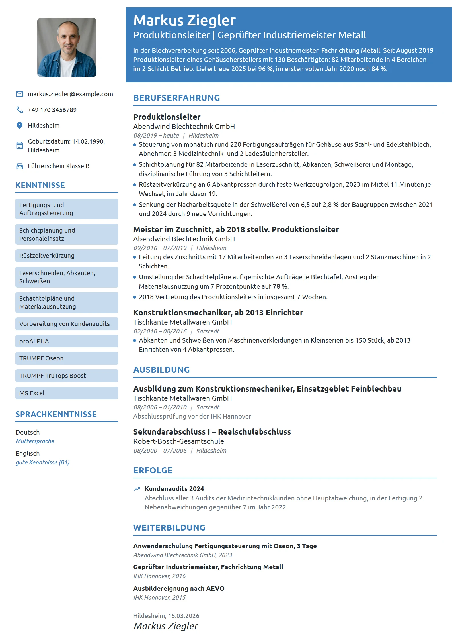 Lebenslauf-Beispiel: Produktionsleiter in der Blechfertigung