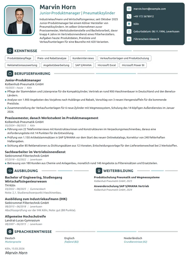 Lebenslauf-Beispiel: Junior-Produktmanager in der Industrie