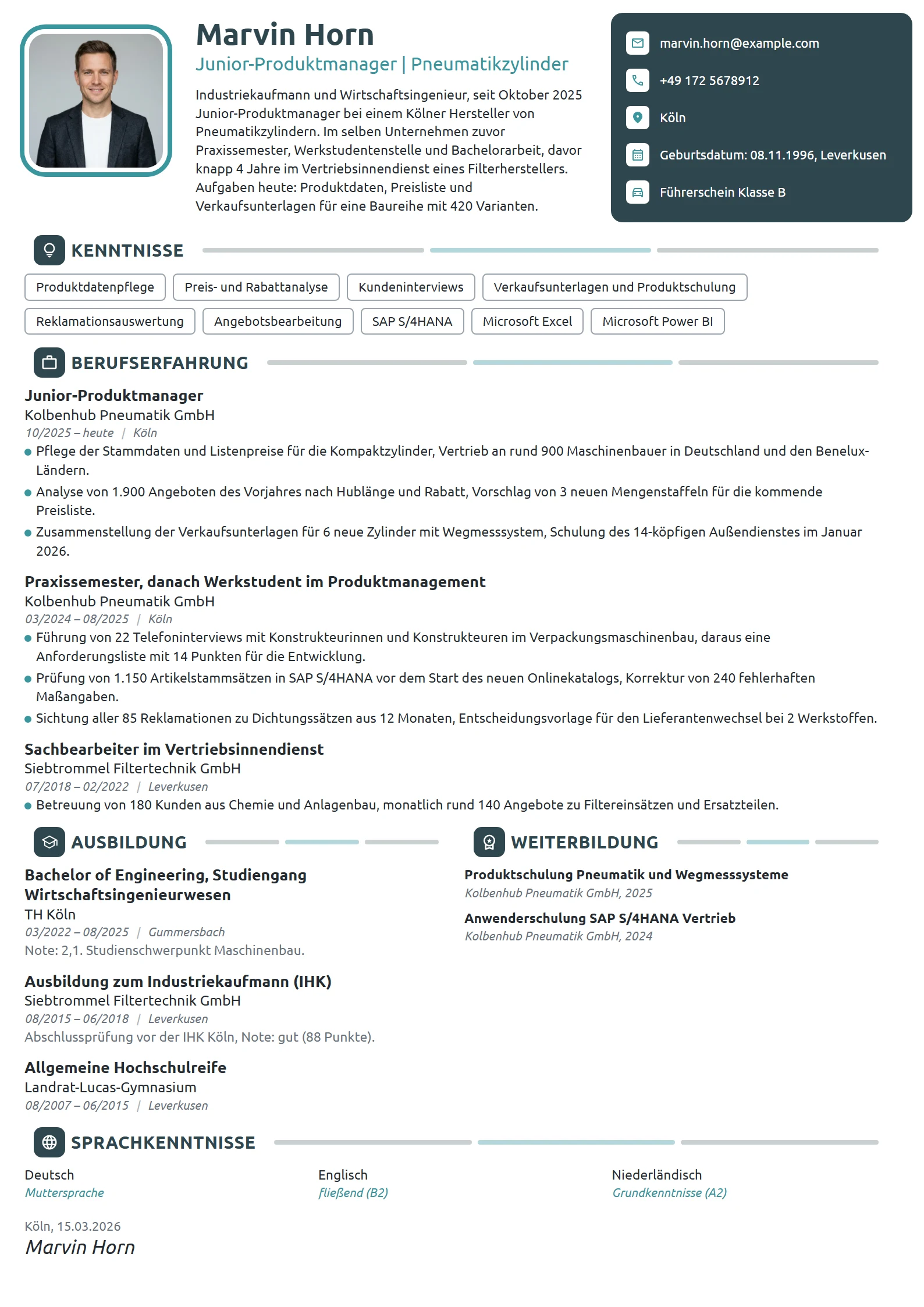 Lebenslauf-Beispiel: Junior-Produktmanager in der Industrie