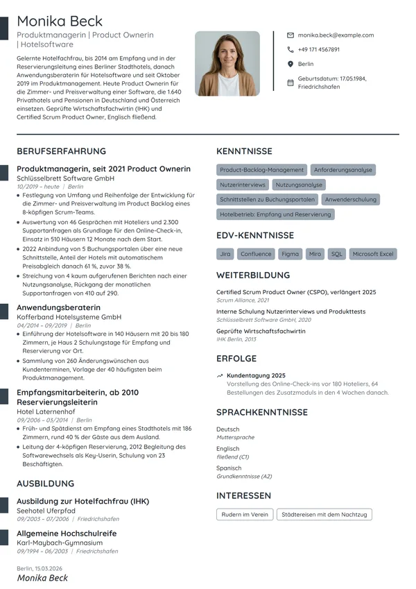 Lebenslauf-Beispiel: Produktmanagerin für Hotelsoftware