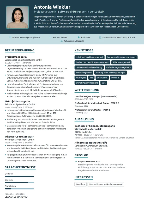 Lebenslauf-Beispiel: Projektmanagerin für Softwareeinführungen