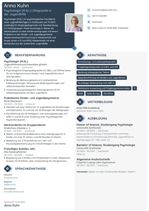 Lebenslauf-Beispiel: Psychologin (M.Sc.) in der Jugendhilfe