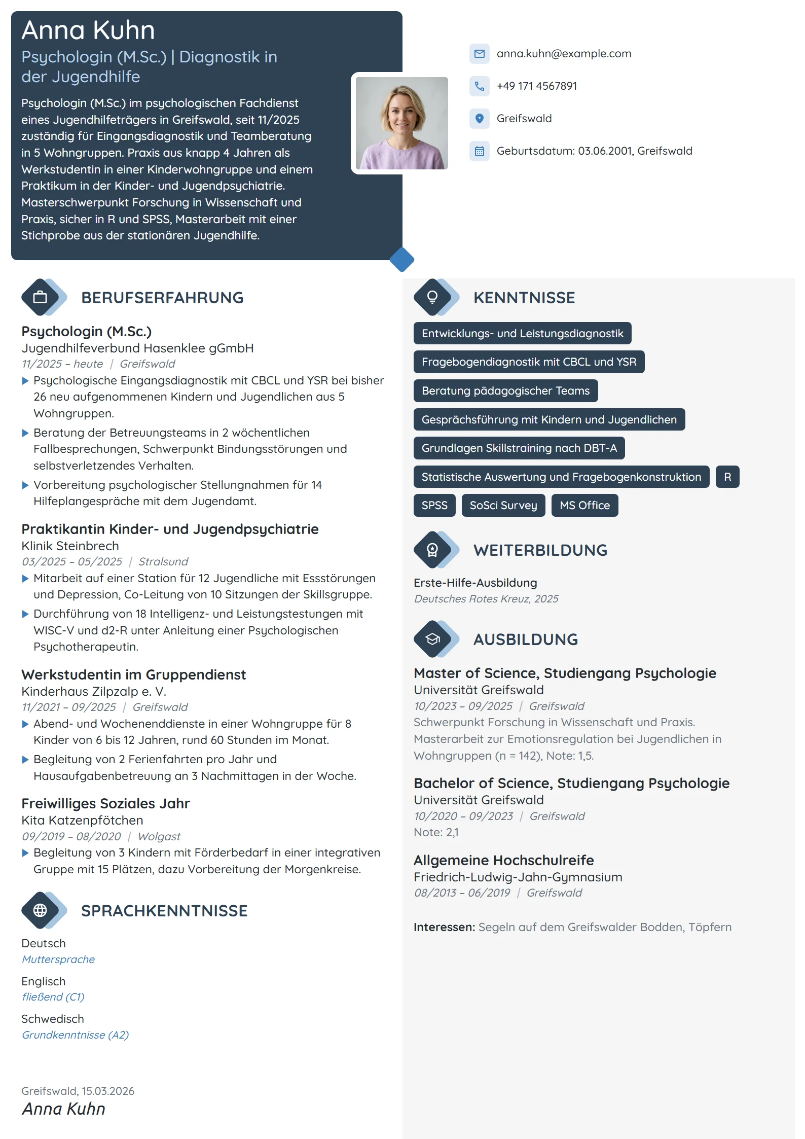 Lebenslauf-Beispiel: Psychologin (M.Sc.) in der Jugendhilfe