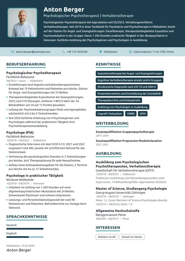Lebenslauf-Beispiel: Psychologischer Psychotherapeut (VT)