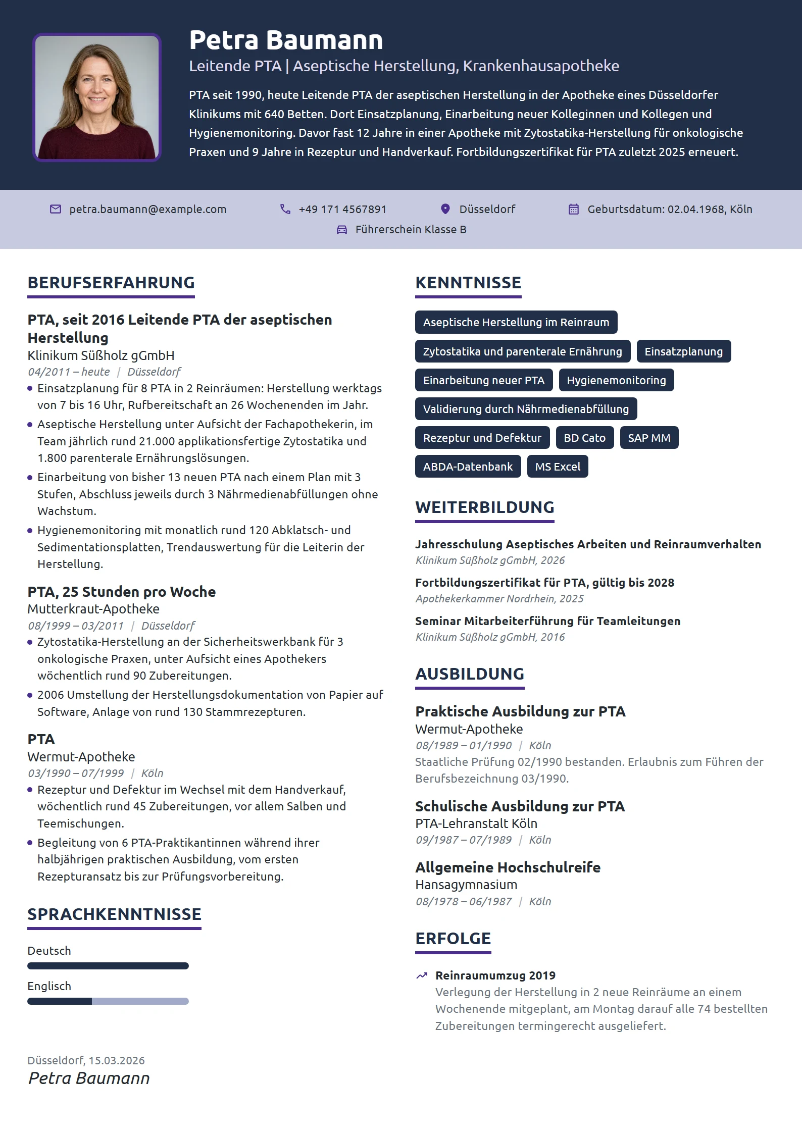 Lebenslauf-Beispiel: Leitende PTA, Zytostatika-Herstellung