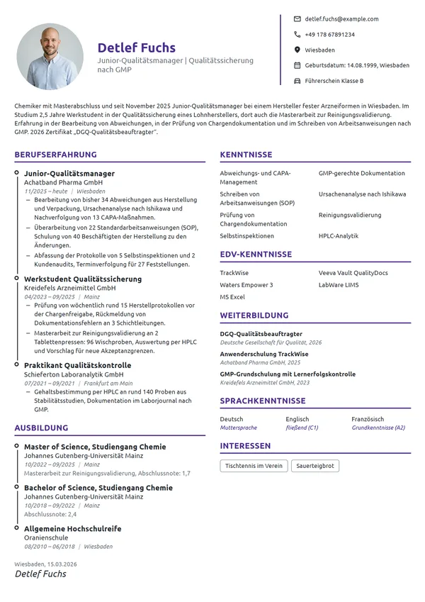 Lebenslauf-Beispiel: Junior-Qualitätsmanager im GMP-Umfeld