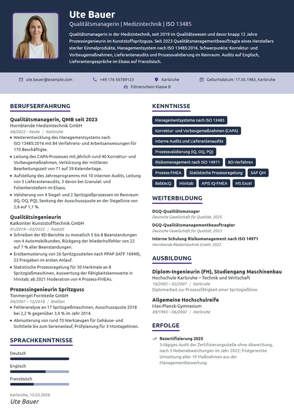 Lebenslauf-Beispiel: Qualitätsmanagerin in der Medizintechnik
