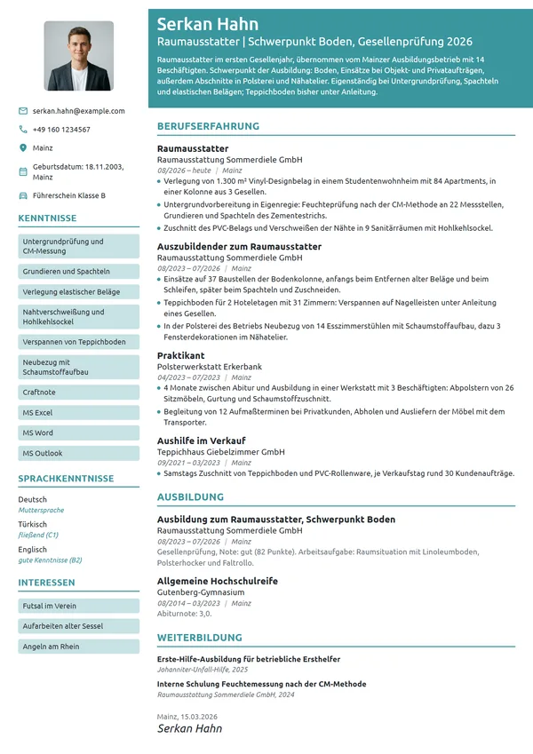 Lebenslauf-Beispiel: Raumausstatter als Berufseinsteiger