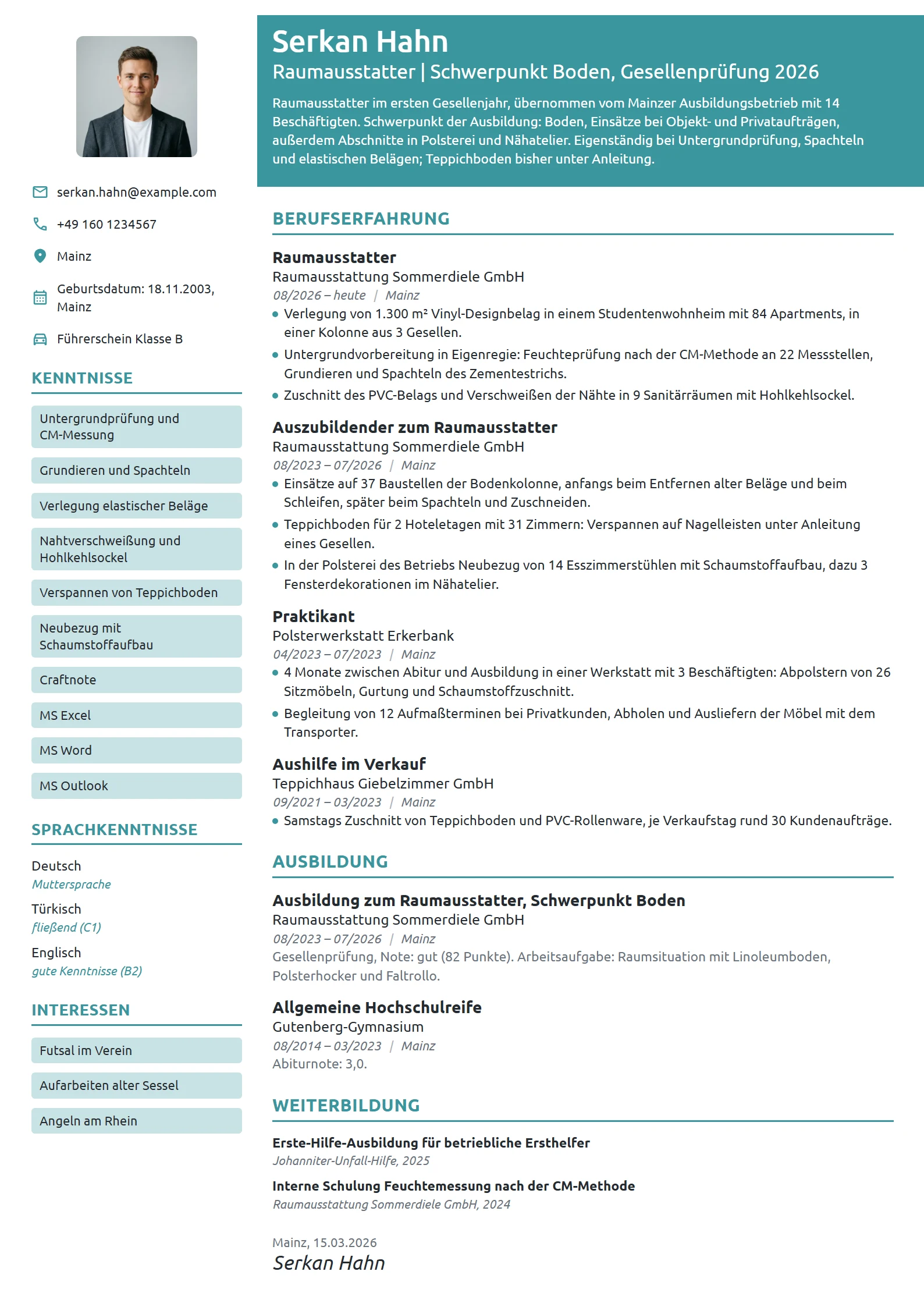 Lebenslauf-Beispiel: Raumausstatter als Berufseinsteiger