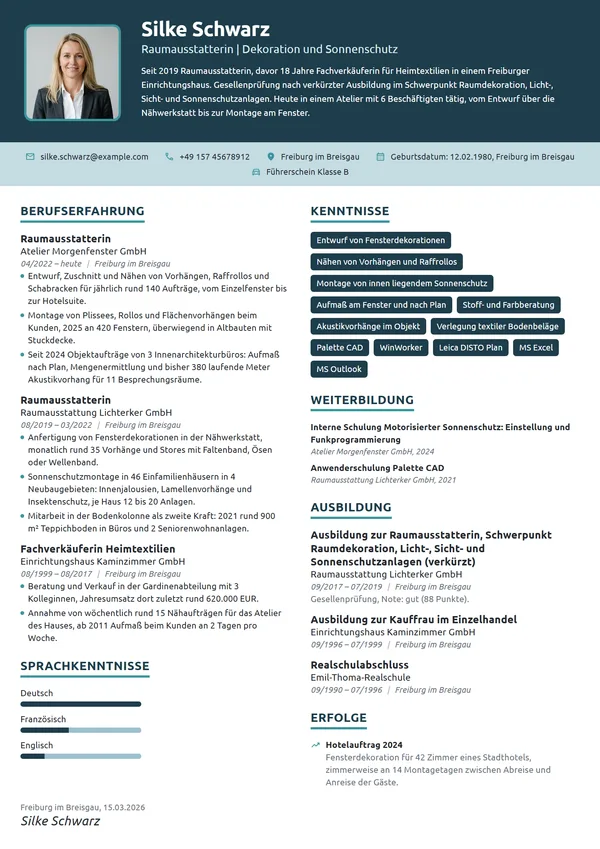 Lebenslauf-Beispiel: Raumausstatterin, Fensterdekoration