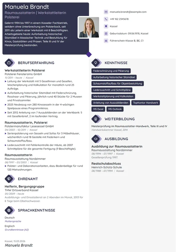 Lebenslauf-Beispiel: Raumausstatterin, Leitung der Polsterei