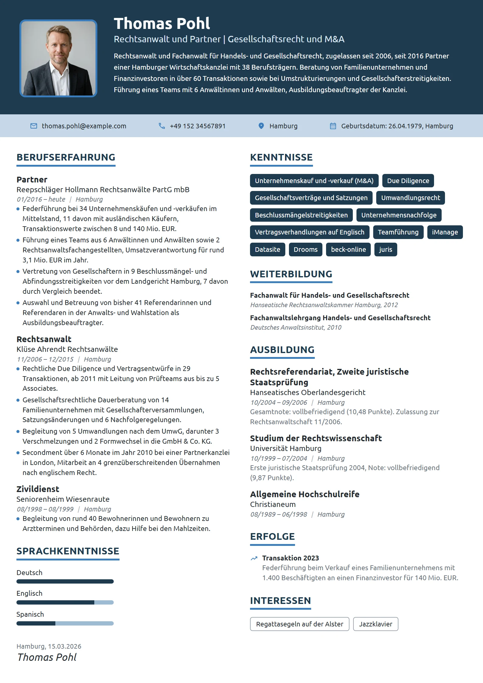 Lebenslauf-Beispiel: Partner für Gesellschaftsrecht und M&A