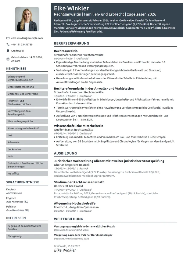 Lebenslauf-Beispiel: Rechtsanwältin nach dem Referendariat