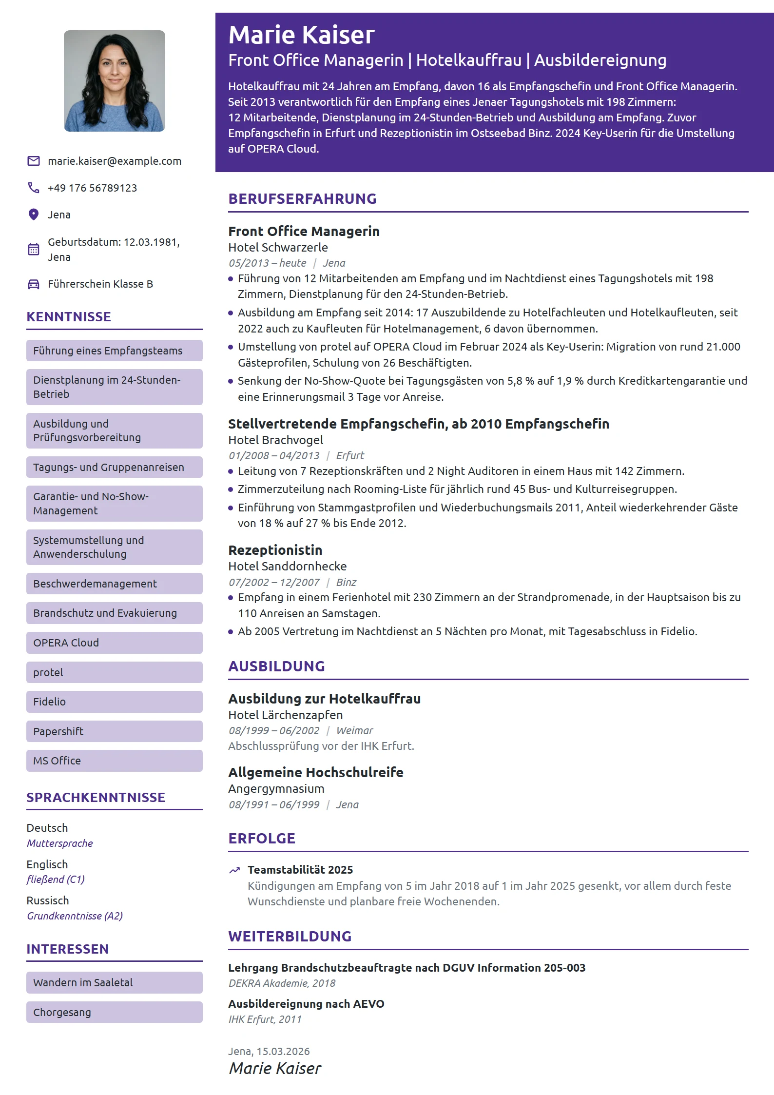 Lebenslauf-Beispiel: Front Office Managerin im Tagungshotel