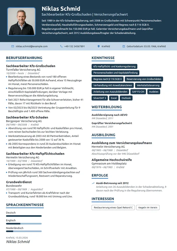 Lebenslauf-Beispiel: Erfahrener Sachbearbeiter Kfz-Großschaden