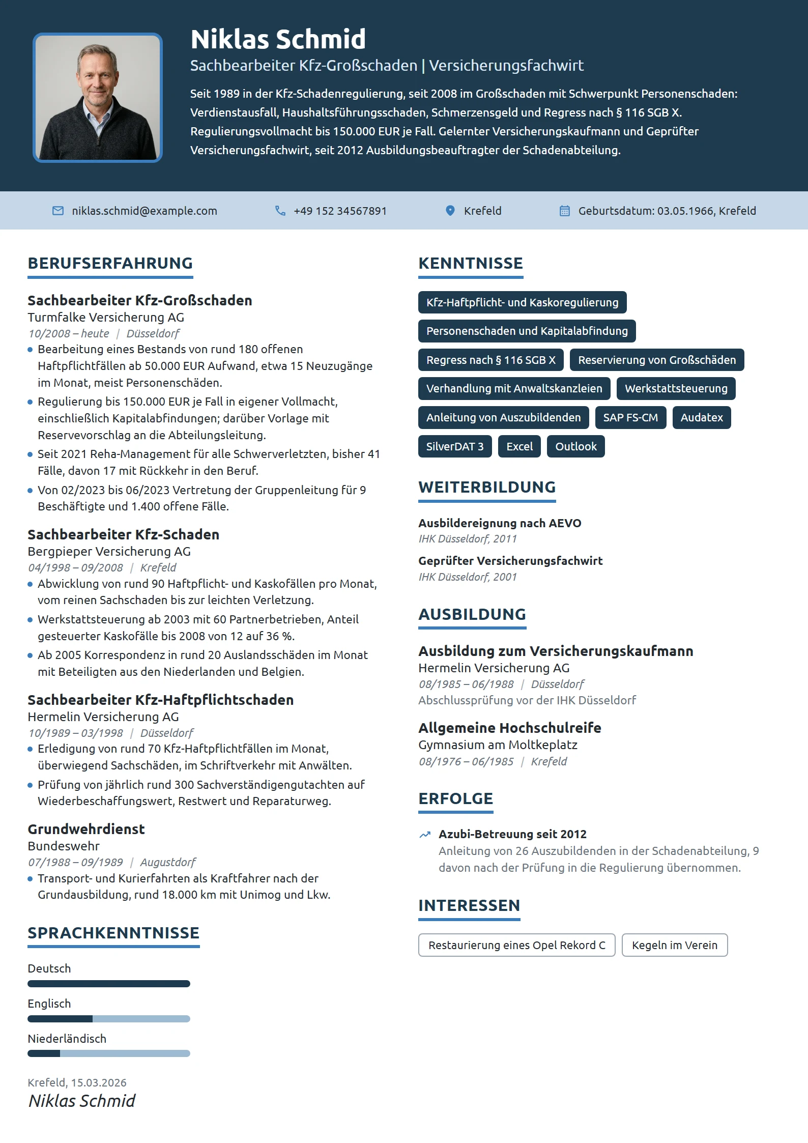 Lebenslauf-Beispiel: Erfahrener Sachbearbeiter Kfz-Großschaden