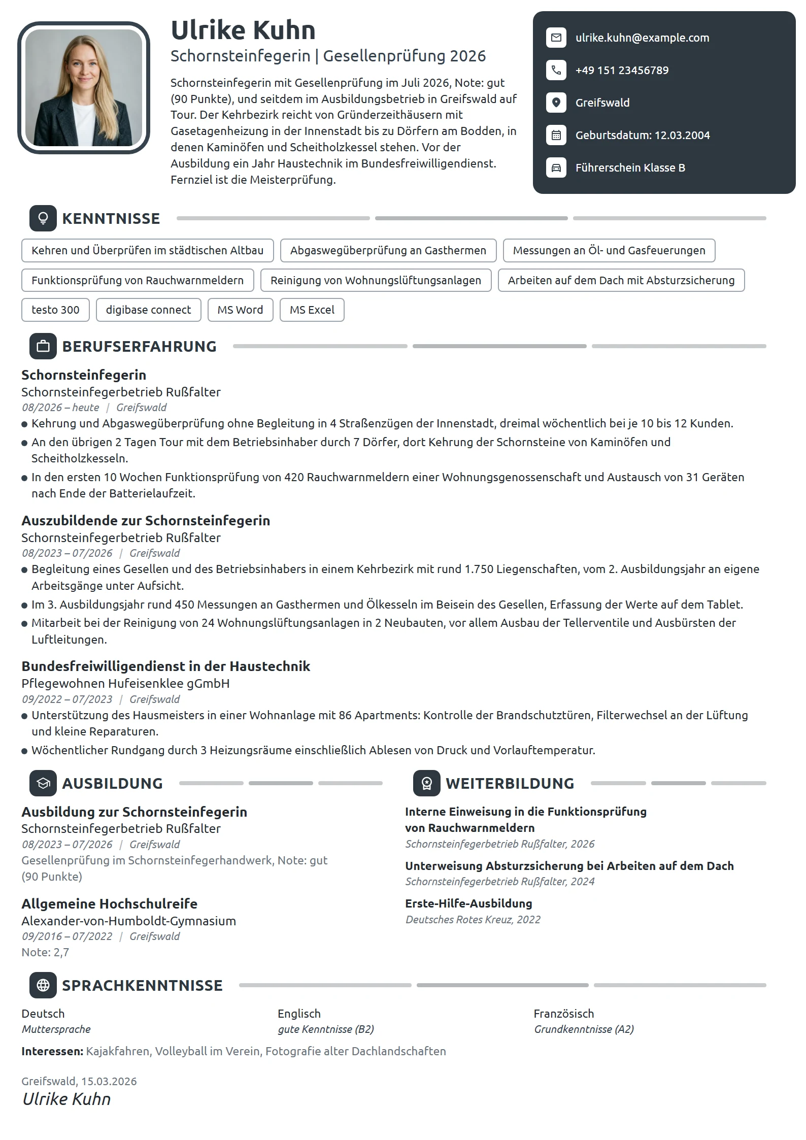 Lebenslauf-Beispiel: Schornsteinfegerin als Berufseinsteigerin