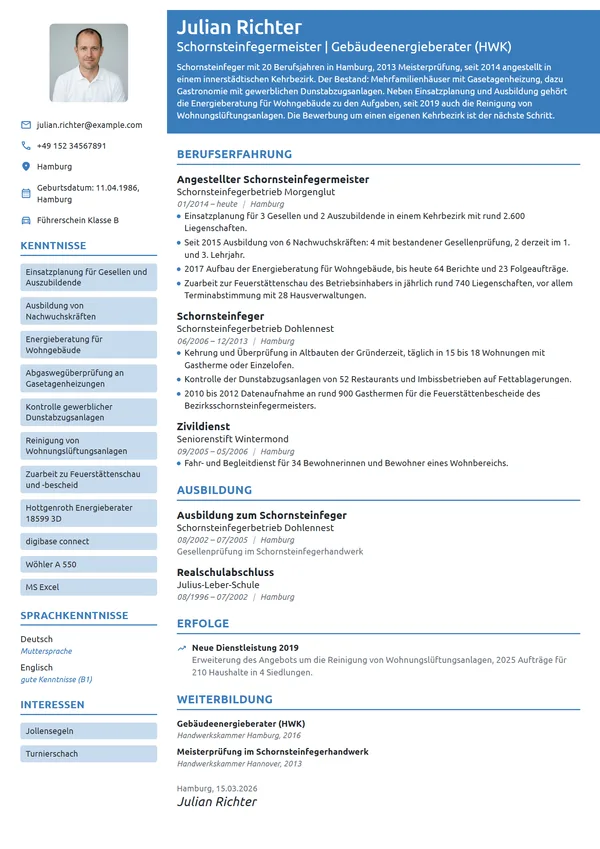 Lebenslauf-Beispiel: Schornsteinfegermeister, Energieberatung