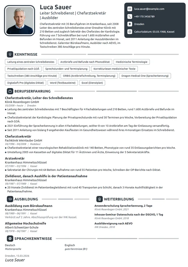 Lebenslauf-Beispiel: Chefarztsekretär, Leiter Schreibdienst
