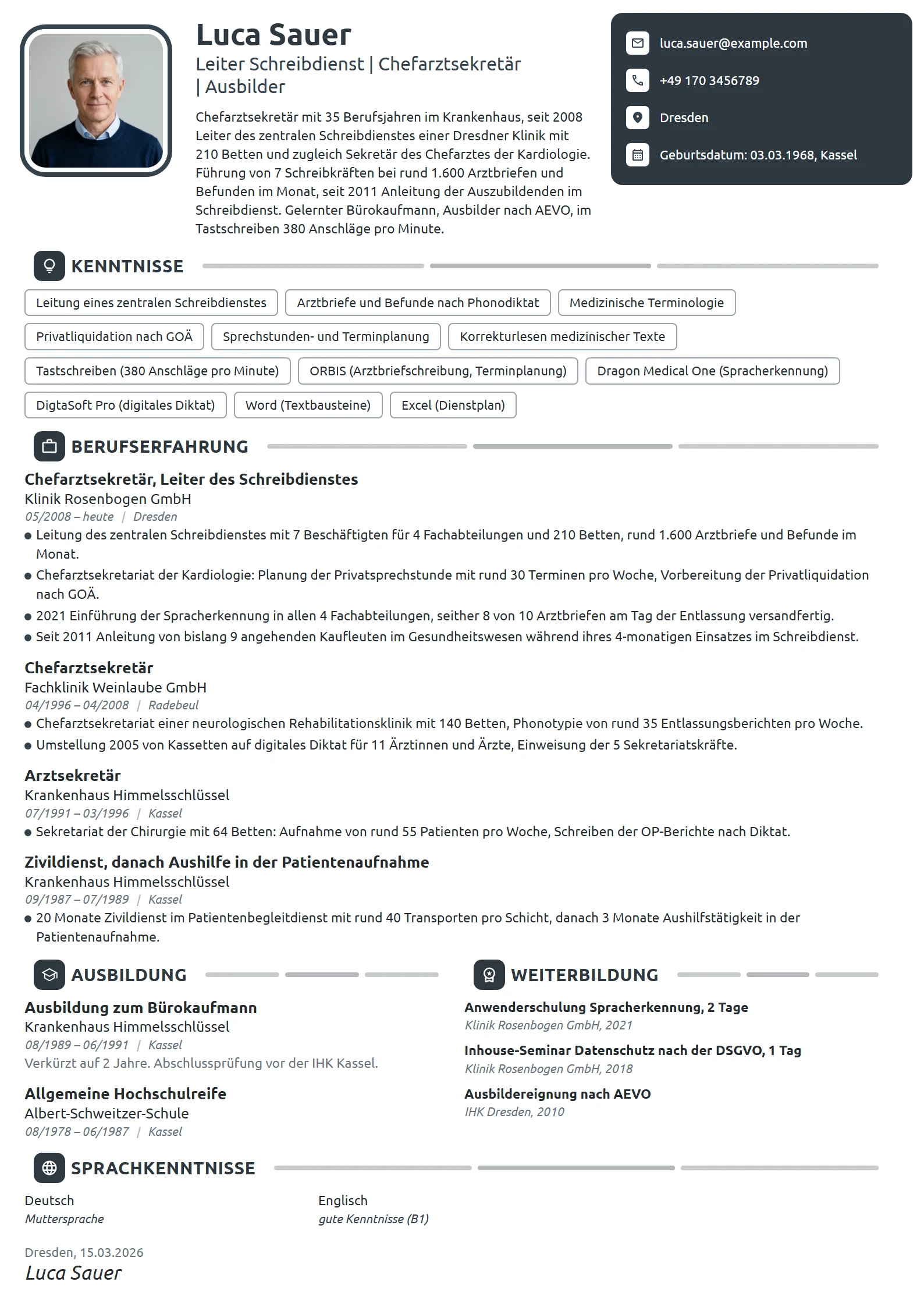Lebenslauf-Beispiel: Chefarztsekretär, Leiter Schreibdienst