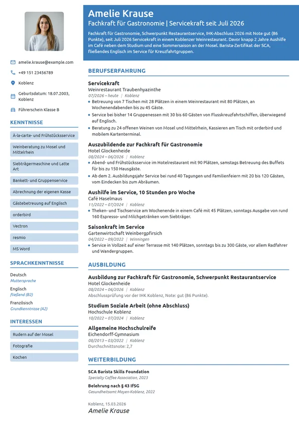 Lebenslauf-Beispiel: Servicekraft als Berufseinsteigerin