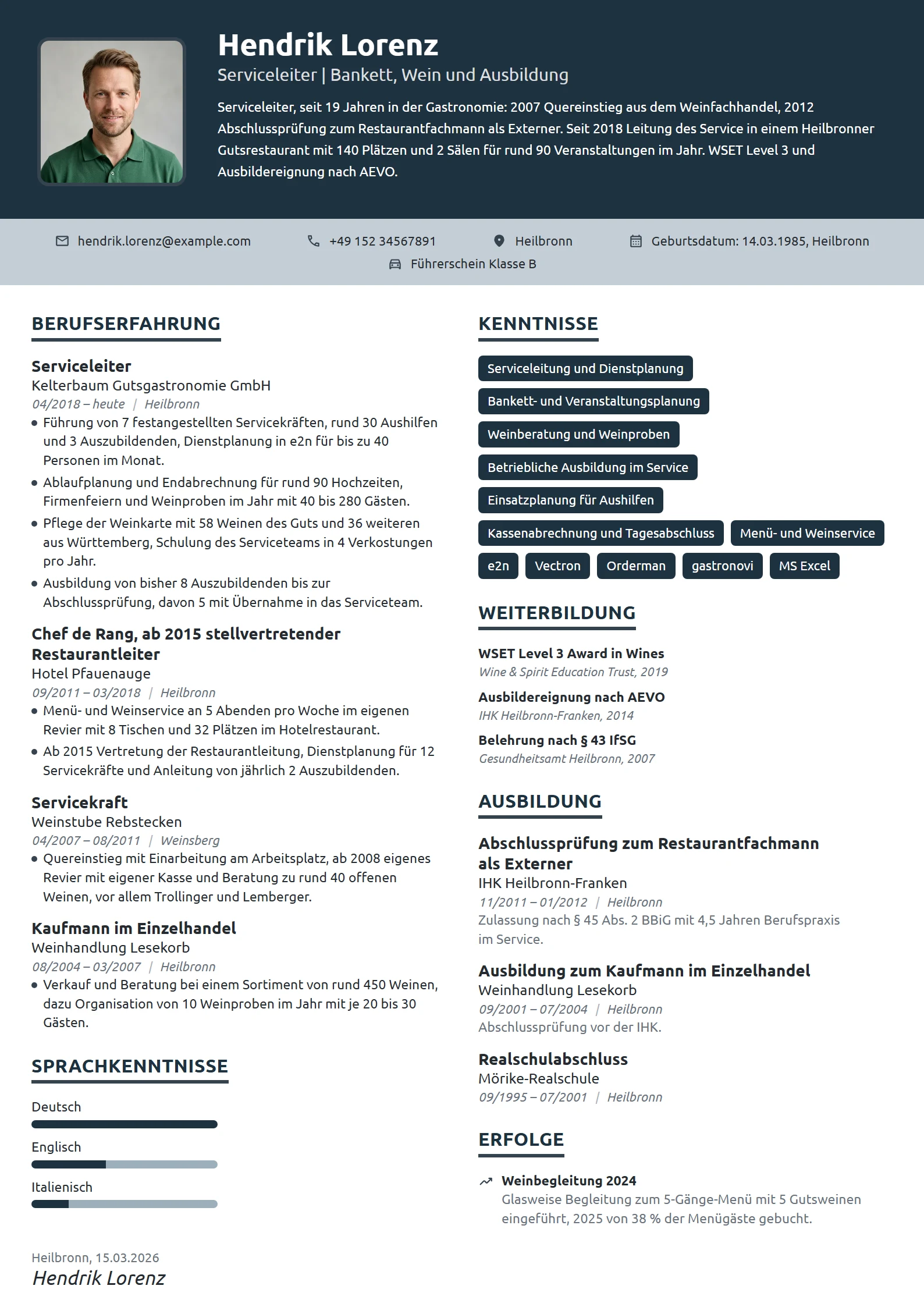 Lebenslauf-Beispiel: Serviceleiter nach Quereinstieg