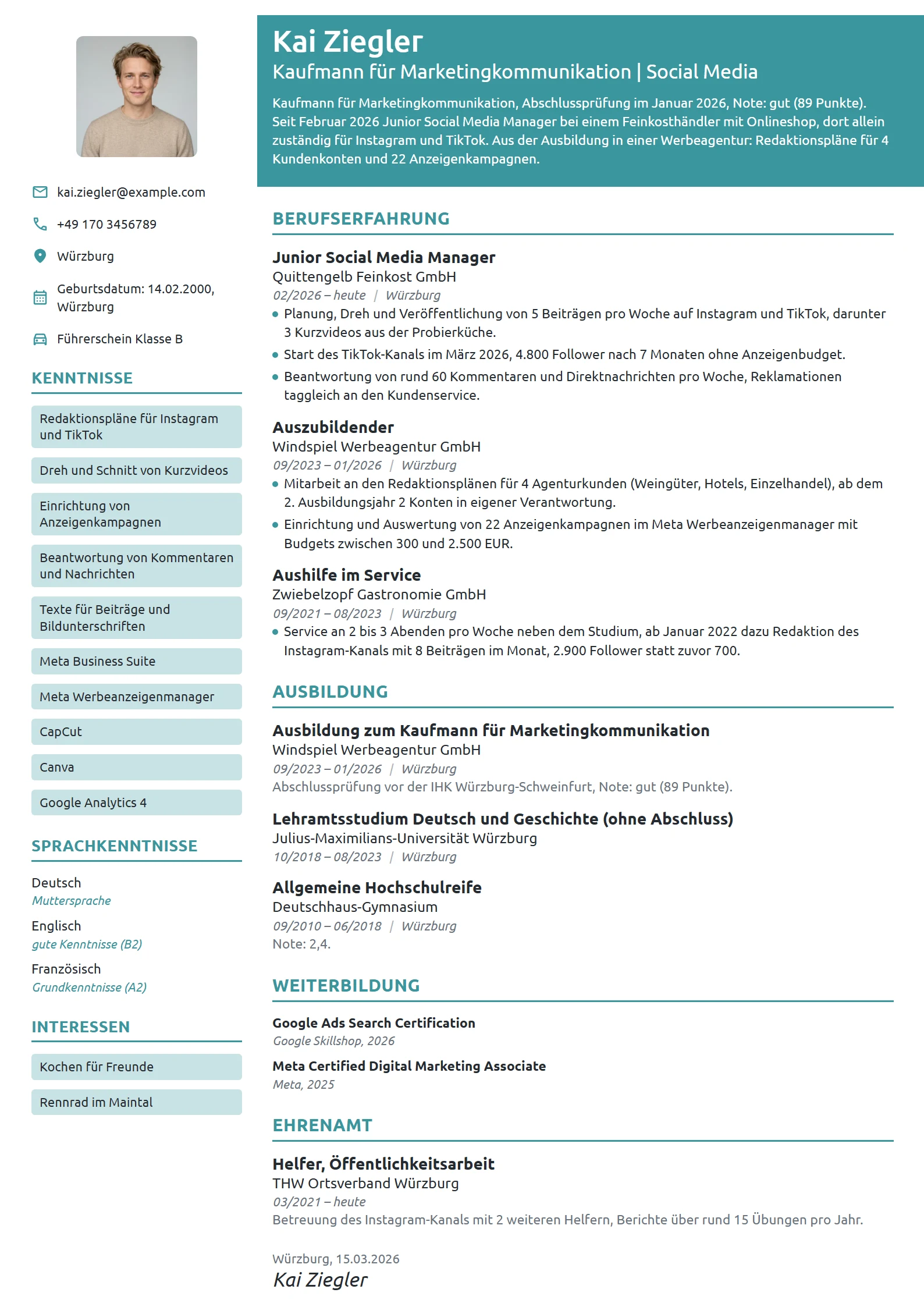 Lebenslauf-Beispiel: Social Media Manager im Berufseinstieg