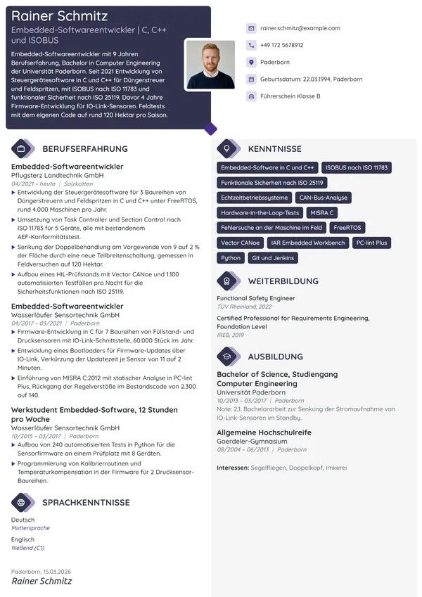 Lebenslauf-Beispiel: Embedded-Softwareentwickler, Landtechnik