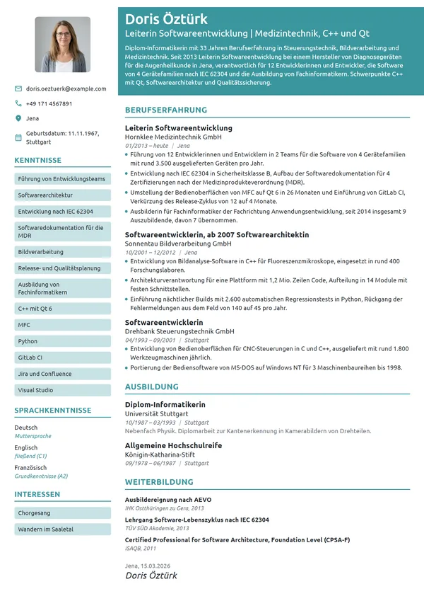 Lebenslauf-Beispiel: Leiterin Softwareentwicklung