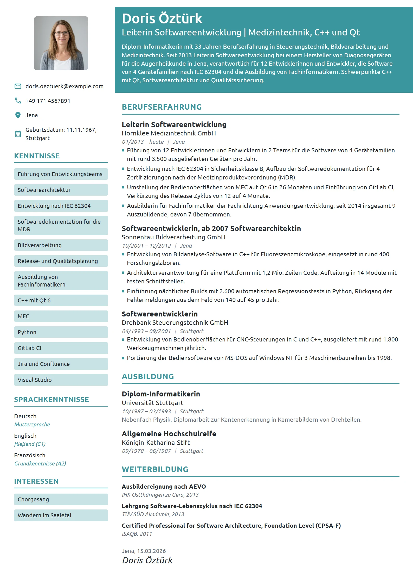 Lebenslauf-Beispiel: Leiterin Softwareentwicklung
