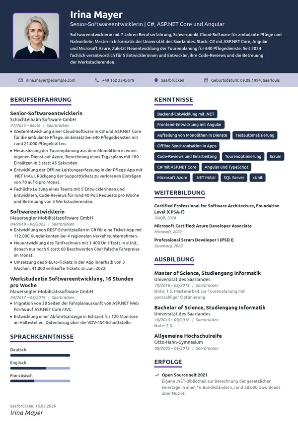 Lebenslauf-Beispiel: Softwareentwicklerin, Full-Stack mit .NET