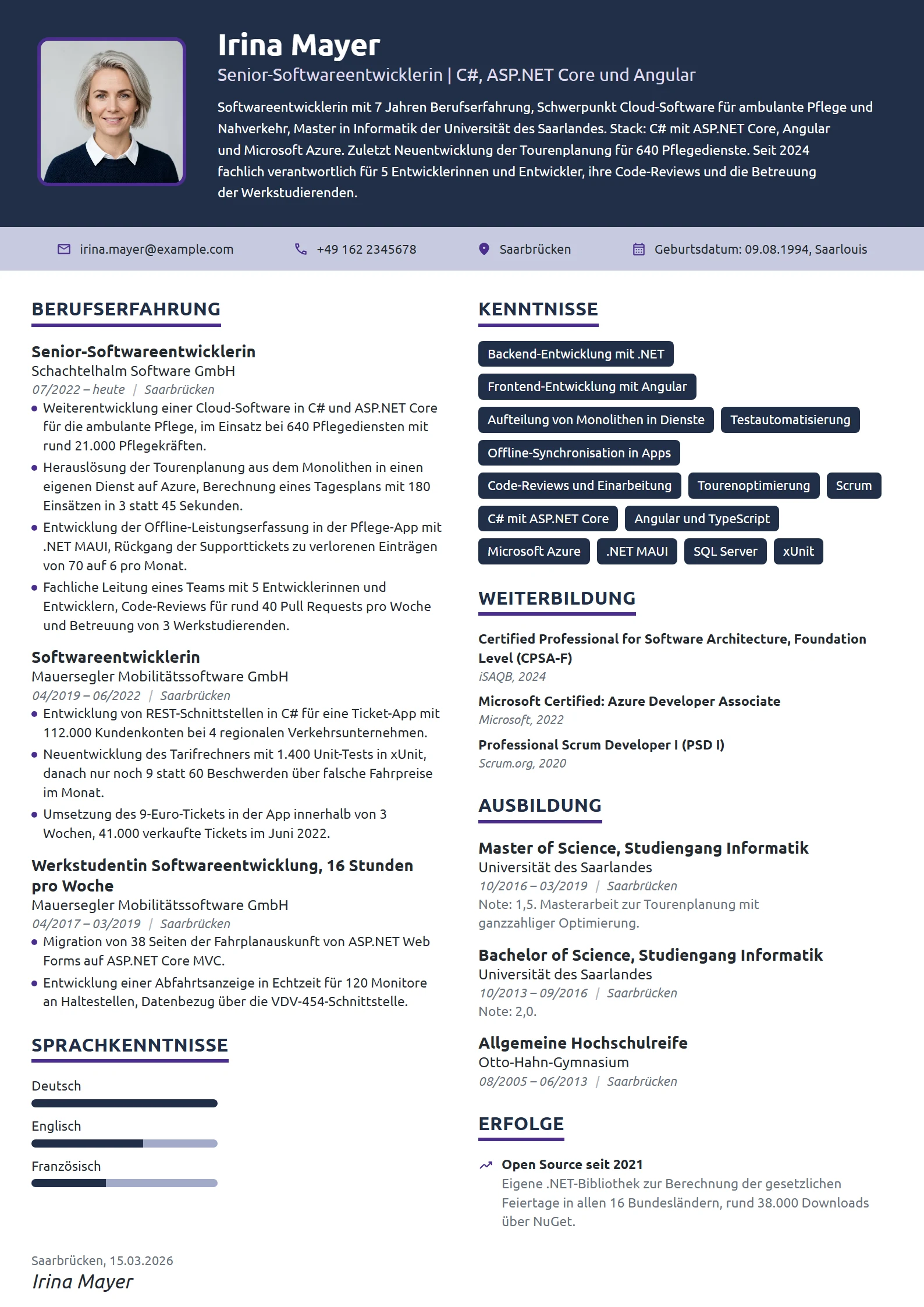 Lebenslauf-Beispiel: Softwareentwicklerin, Full-Stack mit .NET