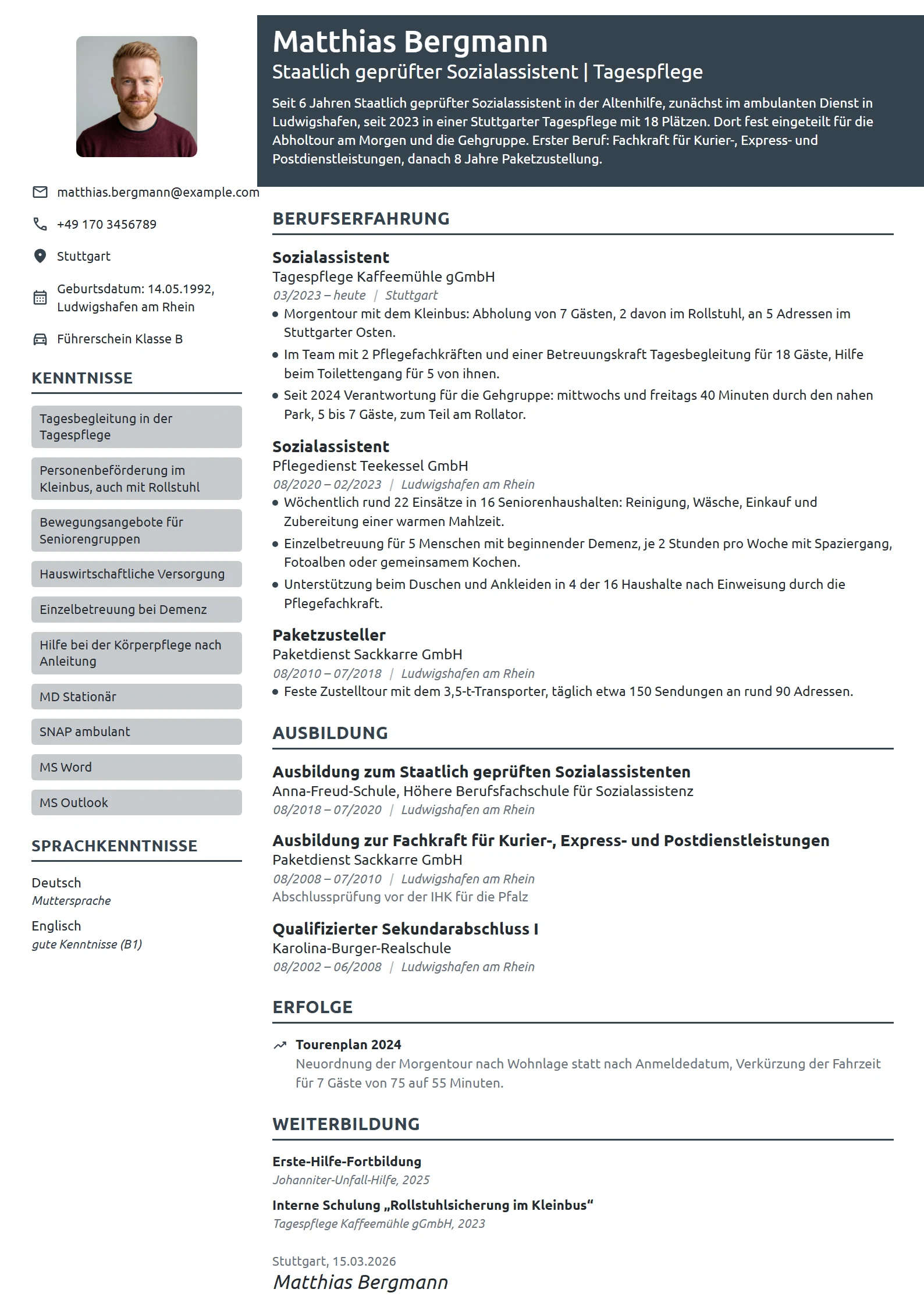 Lebenslauf-Beispiel: Sozialassistent in der Tagespflege