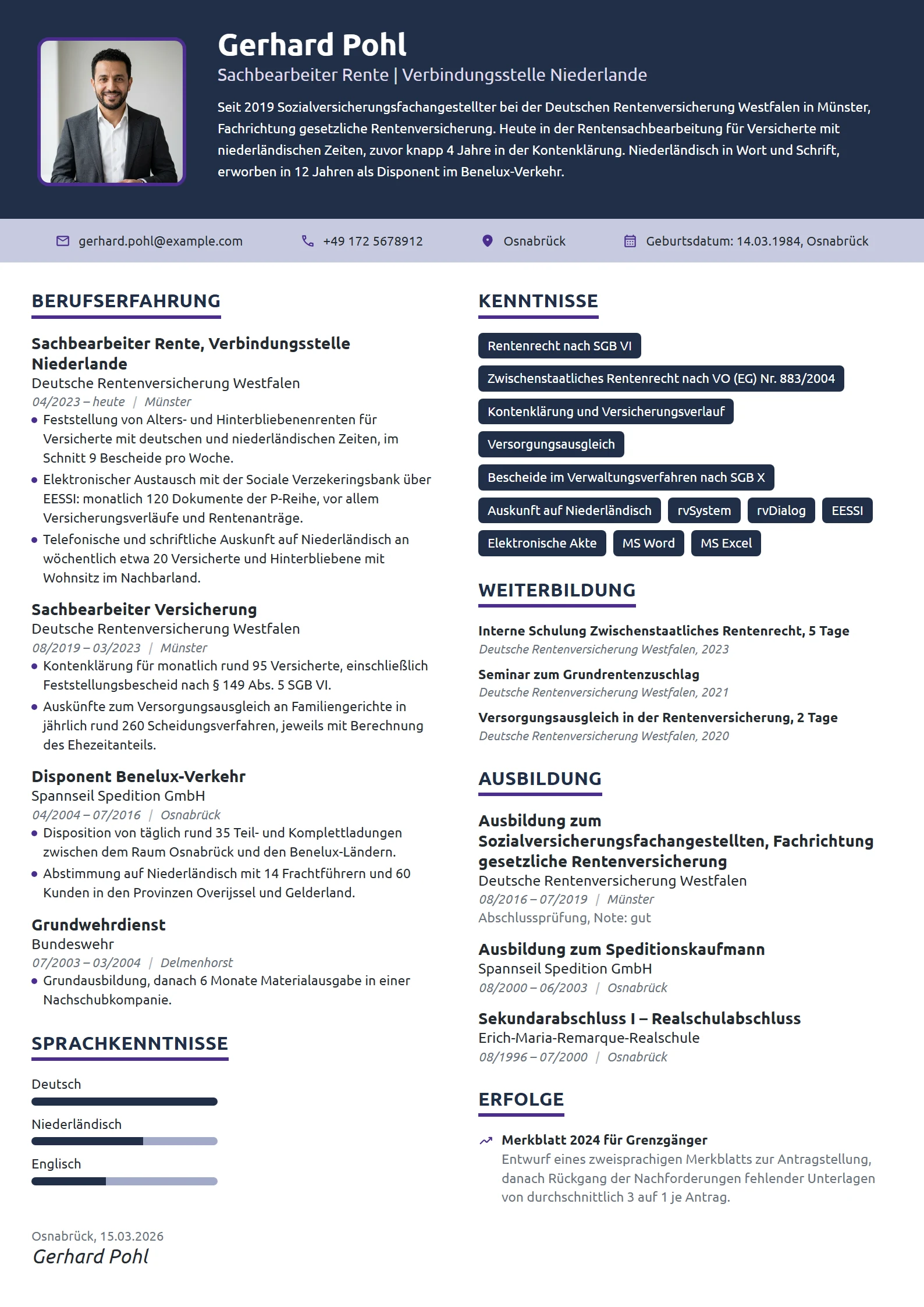 Lebenslauf-Beispiel: Sozialversicherungsfachangestellter, Rente