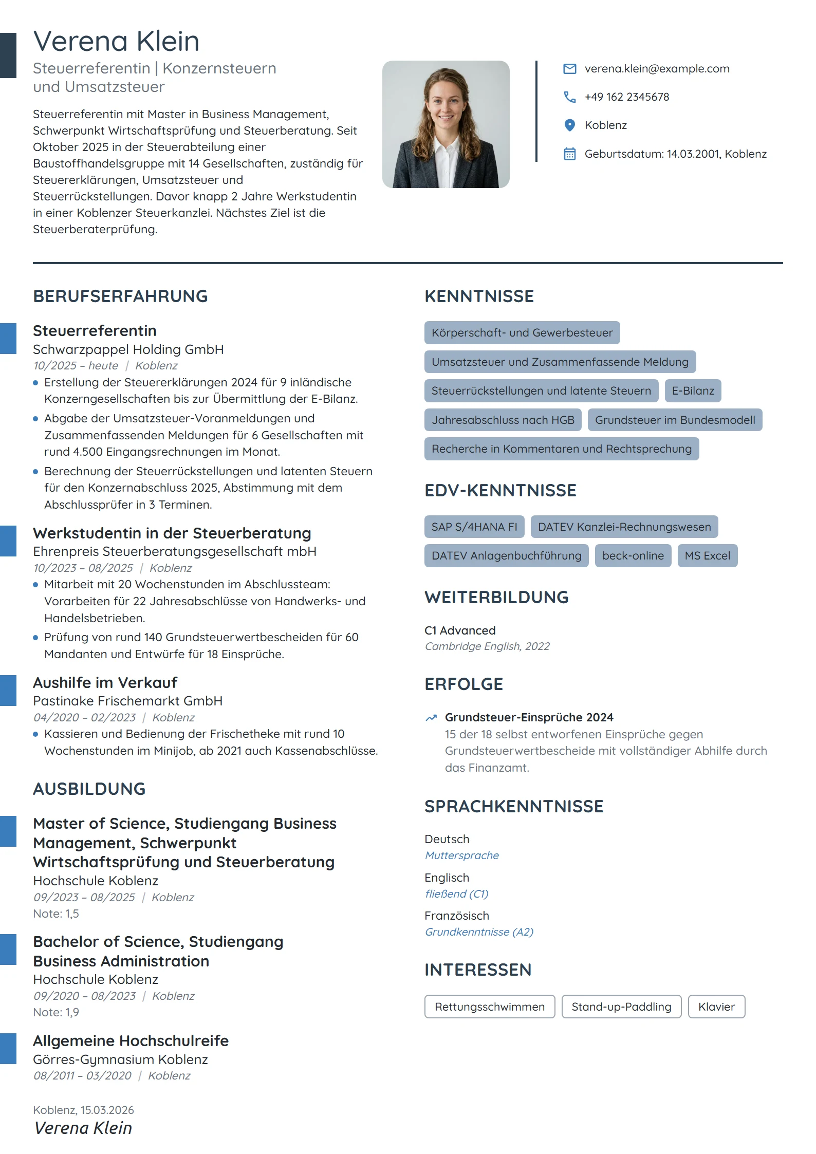 Lebenslauf-Beispiel: Steuerreferentin im Berufseinstieg