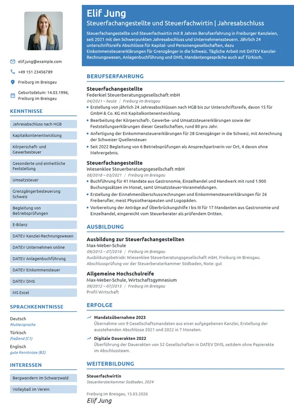 Lebenslauf-Beispiel: Steuerfachangestellte für Jahresabschlüsse