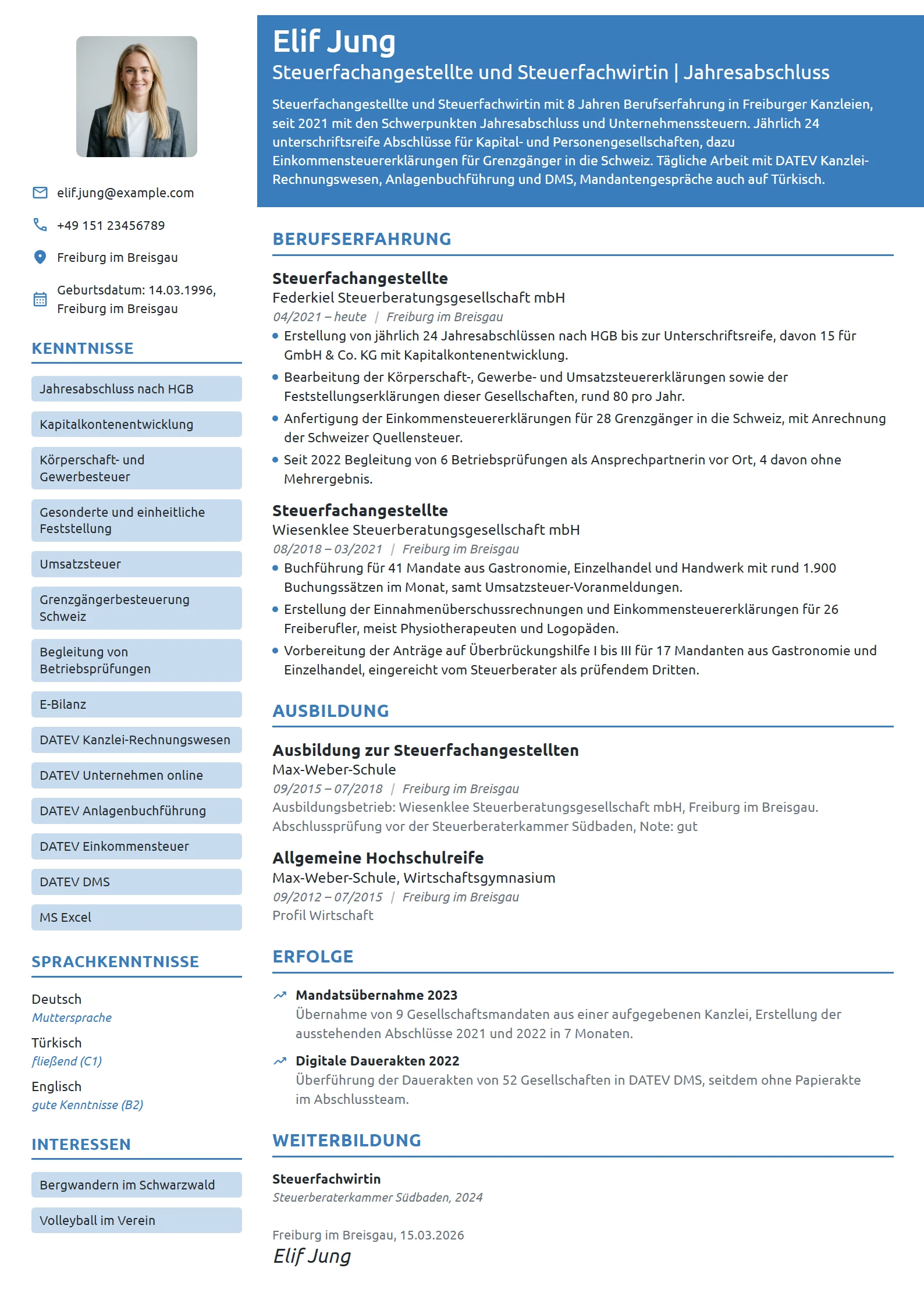 Lebenslauf-Beispiel: Steuerfachangestellte für Jahresabschlüsse