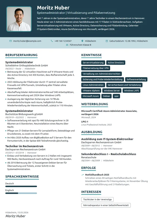 Lebenslauf-Beispiel: Systemadministrator im Filialbetrieb