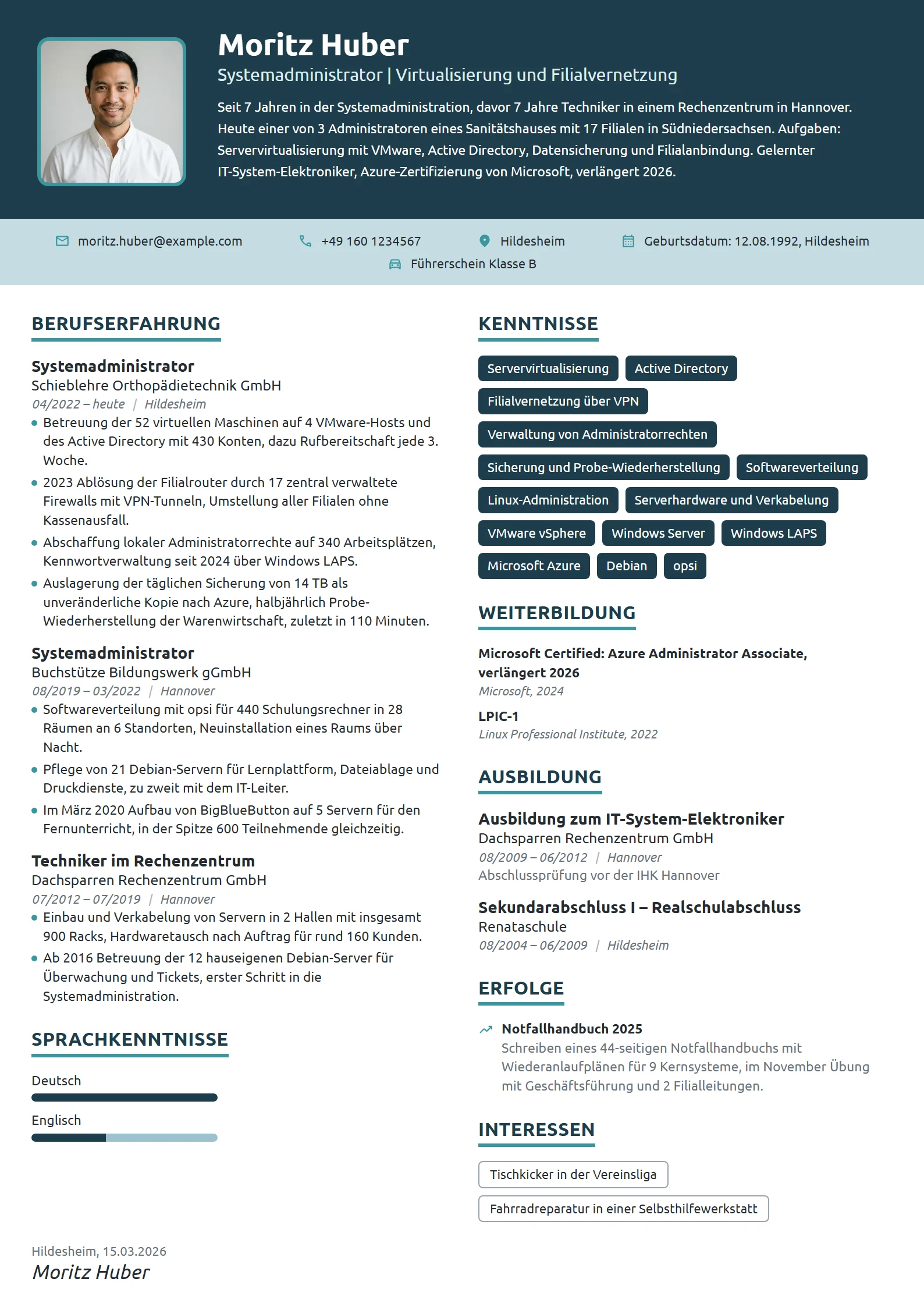 Lebenslauf-Beispiel: Systemadministrator im Filialbetrieb