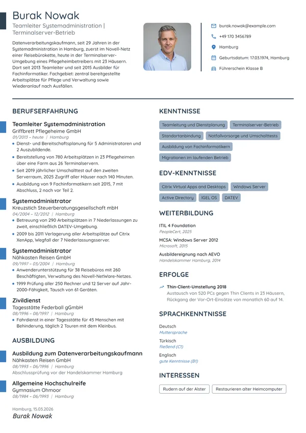Lebenslauf-Beispiel: Teamleiter Systemadministration, Ausbilder