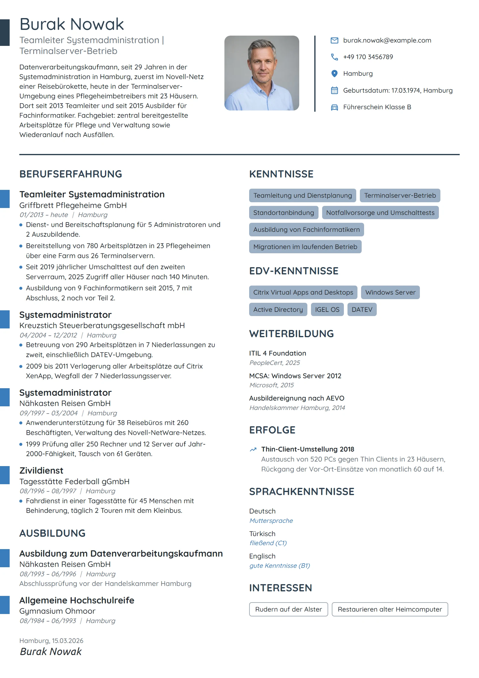 Lebenslauf-Beispiel: Teamleiter Systemadministration, Ausbilder