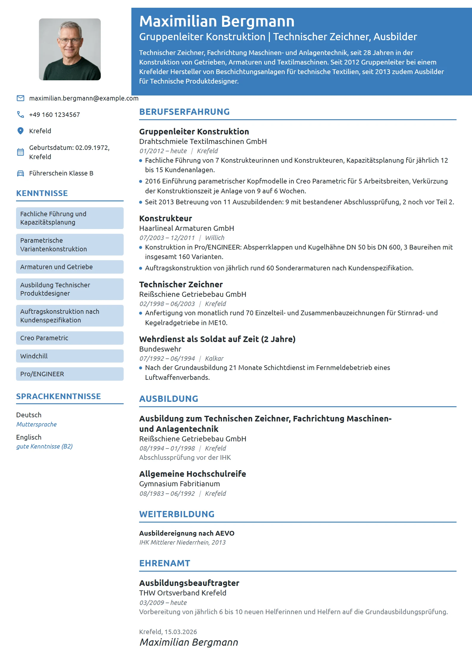 Lebenslauf-Beispiel: Gruppenleiter Konstruktion und Ausbilder