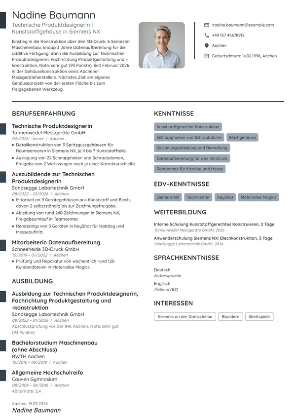 Lebenslauf-Beispiel: Technische Produktdesignerin, Einsteigerin