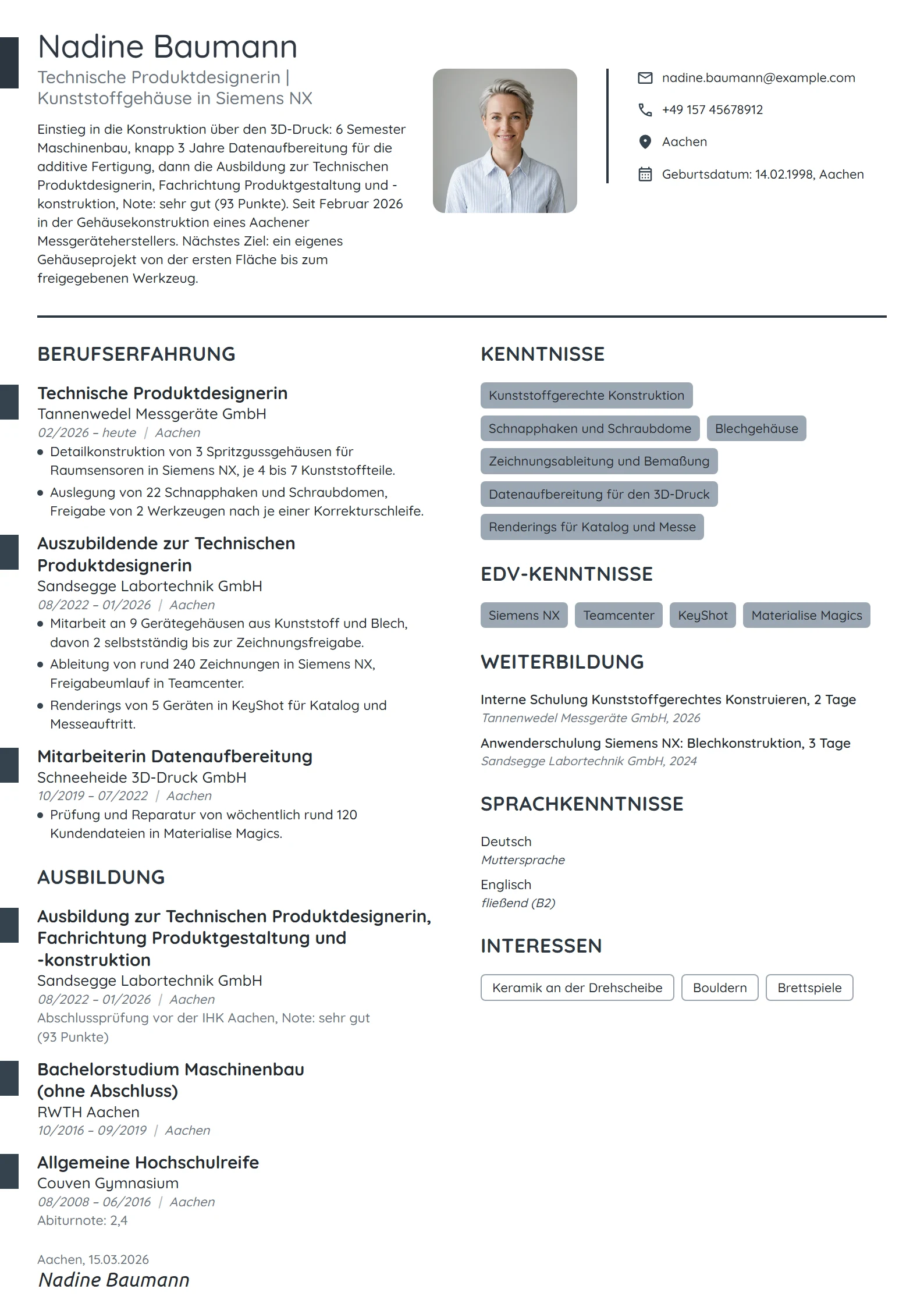 Lebenslauf-Beispiel: Technische Produktdesignerin, Einsteigerin