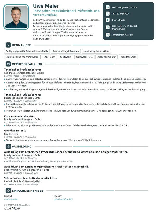 Lebenslauf-Beispiel: Technischer Produktdesigner, Prüfstandsbau